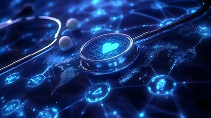 Cutting edge AI driven medical data analysis and visualization interface featuring futuristic holographic elements