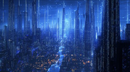 Fototapeta premium network metropolis landscape, vertical light columns, ascending data points, deep blue environment, glowing connection towers, digital grid architecture, technological urban visualization, matrix
