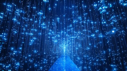 network metropolis landscape, vertical light columns, ascending data points, deep blue environment, glowing connection towers, digital grid architecture, technological urban visualization, matrix