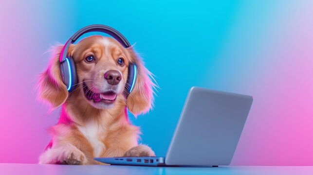 A charming golden retriever wearing modern headphones, sitting confidently at a laptop against a vibrant gradient background. This fun and creative image captures the essence of technology