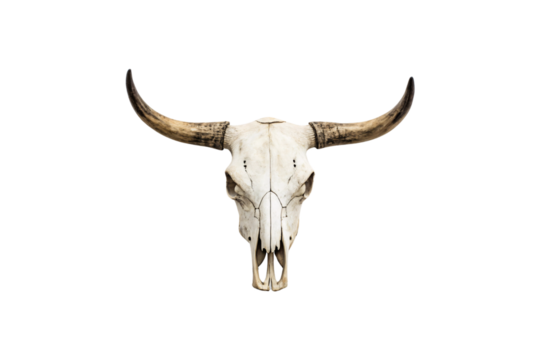 A symmetrical cow skull with broad, curved horns, presenting an iconic piece of western décor or art. Isolated on a transparent background