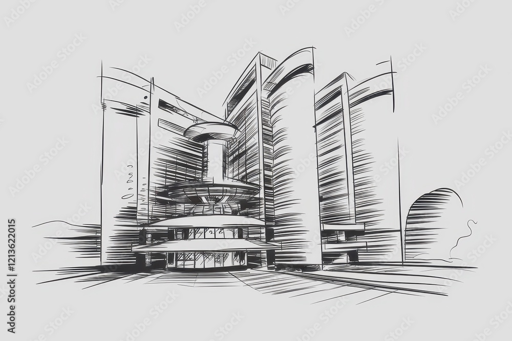 Poster sketch of a modern multistory building complex