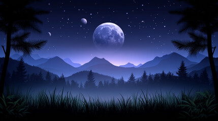 Serene night landscape with moon and stars