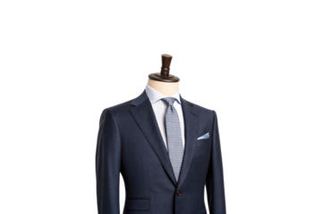 A tailored navy suit displayed on a mannequin, featuring a crisp white shirt, patterned tie, and matching pocket square, exuding classic sophistication. Isolated on a transparent background