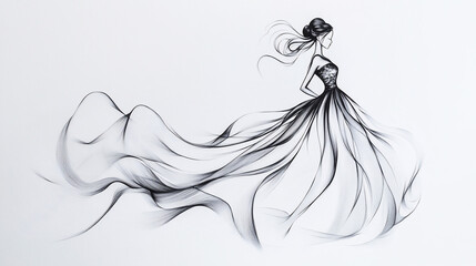 Fototapeta premium Elegant woman in flowing gown, fashion sketch.