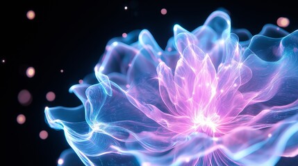 Obraz premium An abstract depiction of glowing pink and blue energy waves forming a floral-like pattern on a dark background. The vibrant design captures movement, light, and fluidity.