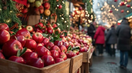 A festive market stall displaying apples in vibrant arrangements, surrounded by decorations and cheerful crowds during a harvest festival