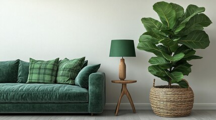 Green velvet sofa, fiddle leaf fig, interior design, room mockup