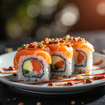Vibrant sushirrito with soy glaze on plate, culinary art concept