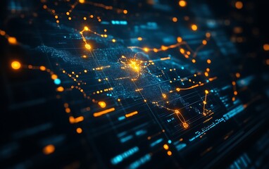 Futuristic digital world map with glowing nodes and connections.