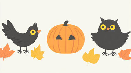 Pumpkin with bird and owl among autumn leaves