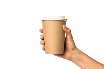 Hand holding a kraft paper coffee cup with a white lid, emphasizing eco-friendly materials and casual simplicity in a minimalist composition. Isolated on a transparent background