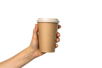 Hand presenting a kraft paper coffee cup, centered and isolated on a clean background, highlighting sustainable and convenient beverage packaging. Isolated on a transparent background