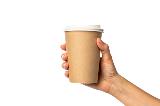 Hand holding a kraft paper coffee cup with a white lid, emphasizing eco-friendly materials and casual simplicity in a minimalist composition. Isolated on a transparent background