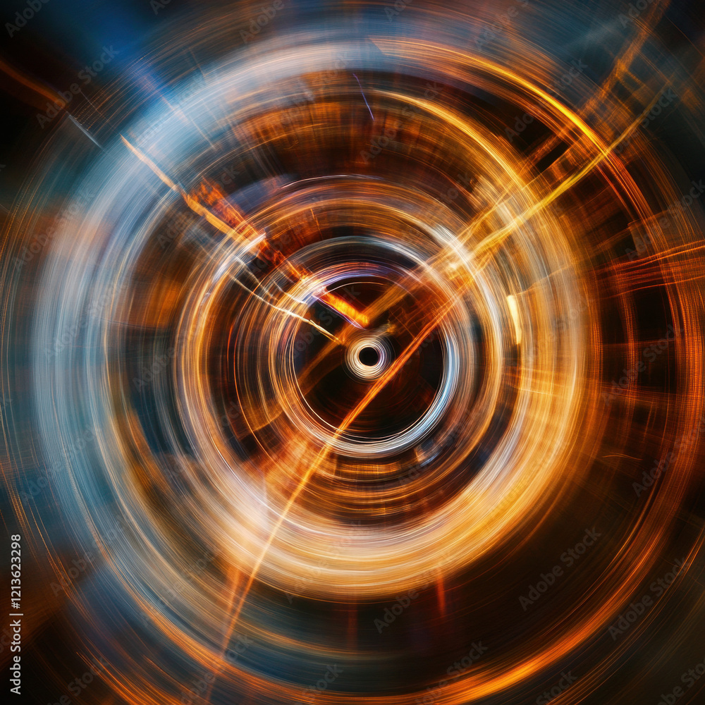 Poster futuristic abstract tunnel with circles and digital patterns in blue and black tones, featuring tech