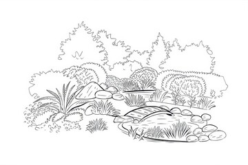 Serene Garden Landscape Featuring Pond And Bridge