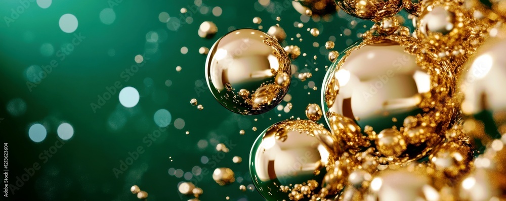 Poster golden bubbles floating in liquid with sparkling background, creating a vibrant and dynamic atmosphe