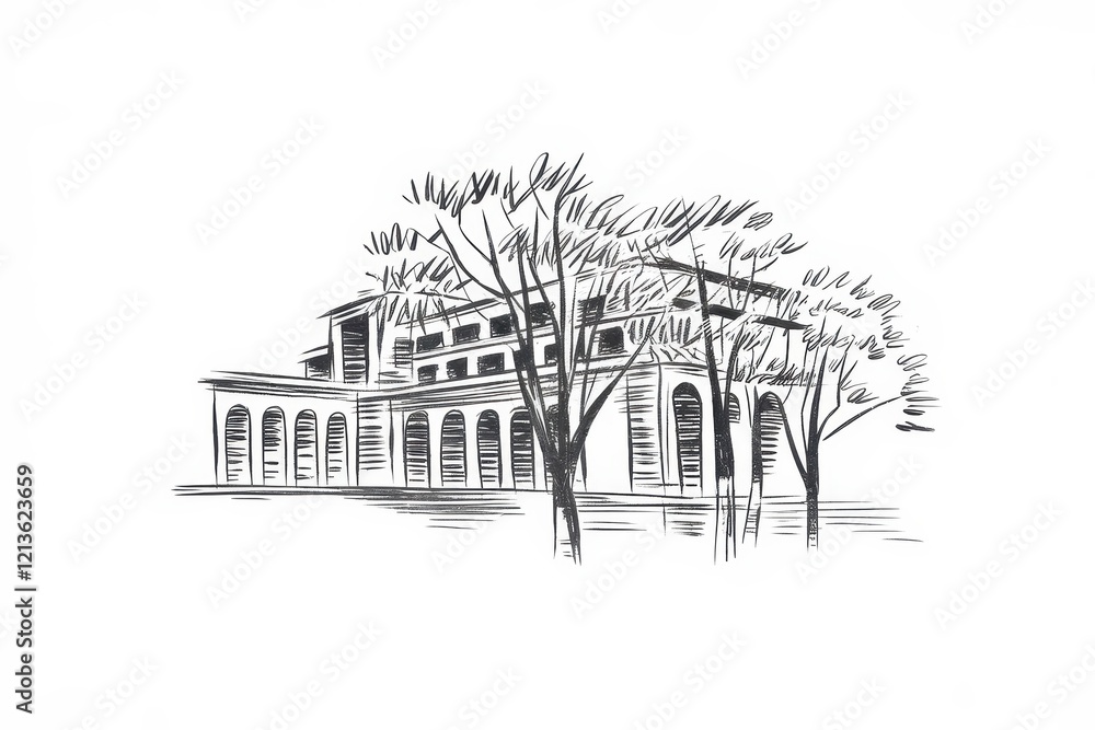 Poster sketch of a classical building with trees