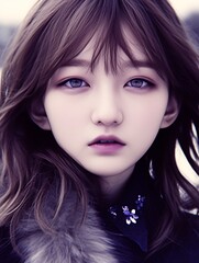 Close-up portrait of a young woman with purple-toned hair and eyes, wearing a fur collar.