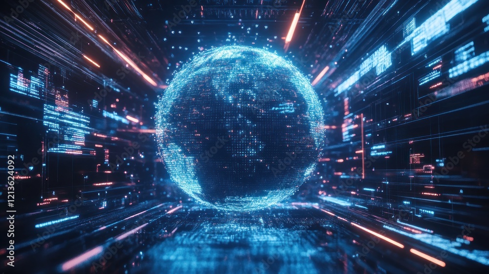 Poster global network data flow, digital tunnel, futuristic tech