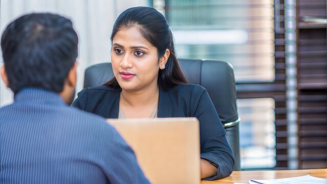 An Indian recruiter interviewing a candidate, with resumes and a laptop on the table.
