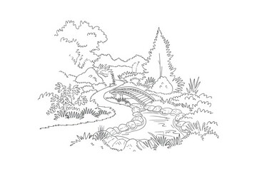 Obraz premium Serene Garden Landscape With Winding Path And Bridge