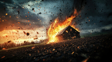 Naklejka premium wooden house engulfed in flames during violent storm, with debris flying and dramatic sky in background