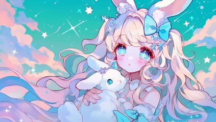 Obraz premium Enchanting pastel illustration of a girl with long hair, bunny ears, and a fluffy bunny set against a dreamy sky filled with sparkling stars and clouds