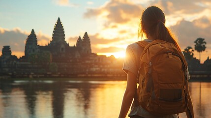 Woman backpacker admiring sunrise over ancient temple.