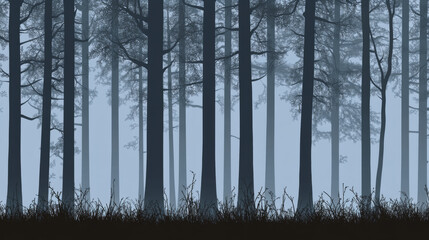 Misty forest with tall trees and dense fog