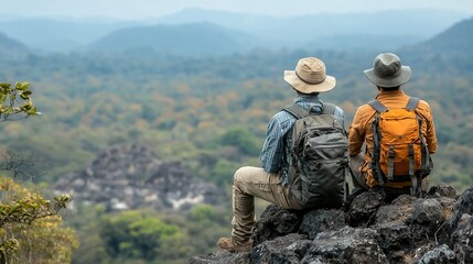 Two hikers sitting on rocks, enjoying a scenic mountain view.