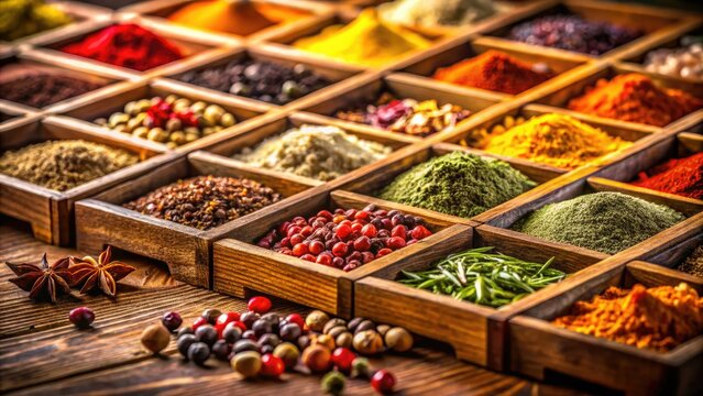 A miniature spice rack, vibrantly showcasing herbs and spices, captured with tilt-shift photography.
