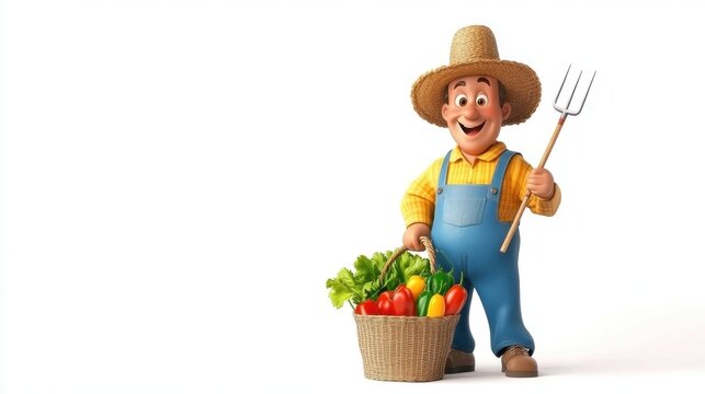 A cartoon farmer wearing overalls and a straw hat, holding a pitchfork, with a sack of vegetables on a white background.