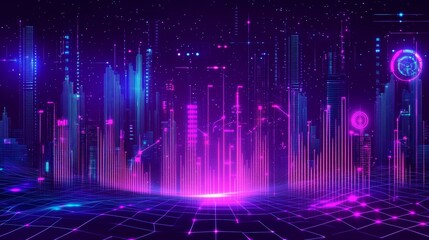 neon-lit virtual cityscape, advanced monitoring display, purple energy field, geometric urban structures, cosmic void background, glowing interface elements, digital horizon line, data measurement