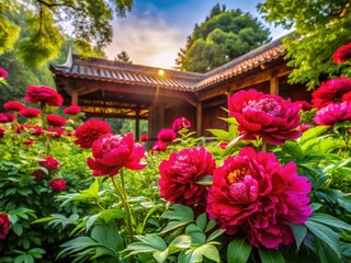 Architectural garden photography captures the stunning Buckeye Belle peony, a Paeonia lactiflora, in breathtaking bloom.