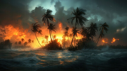 dramatic depiction of hurricane tearing through tropical island, with fiery skies and turbulent waves creating chaotic yet stunning scene