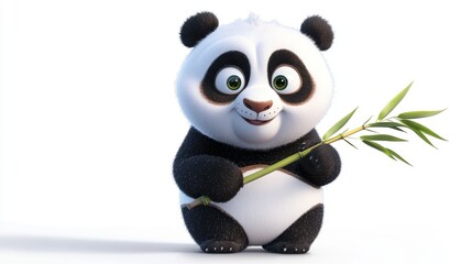 Fototapeta premium A cute cartoon panda holding a bamboo stick, with big sparkling eyes, set against a white background.