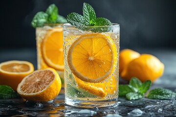 Citrus infused water with mint on dark background