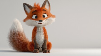 A playful cartoon fox with a bushy tail, sitting slyly with a mischievous grin, on a white background