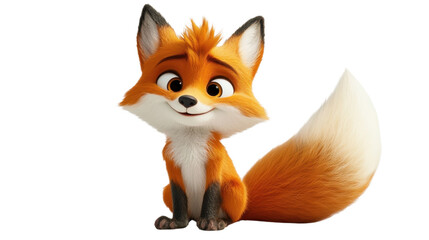Obraz premium A playful cartoon fox with a bushy tail, sitting slyly with a mischievous grin, on a white background