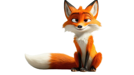 A playful cartoon fox with a bushy tail, sitting slyly with a mischievous grin, on a white background