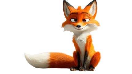 A playful cartoon fox with a bushy tail, sitting slyly with a mischievous grin, on a white background
