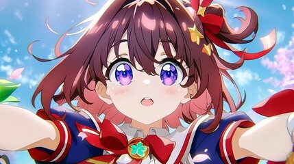 Naklejka premium Joyful young girl with big purple eyes and brown hair wearing colorful outfit, reaching out in a vibrant outdoor setting with bright blue sky and flowers.