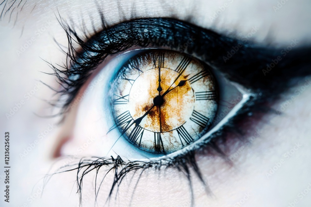 Poster close-up of an expressive eye showcasing a clock design within the iris symbolizing the passage of t