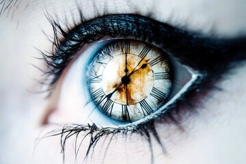 Naklejka premium Close-up of an expressive eye showcasing a clock design within the iris symbolizing the passage of time and the connection between vision and time perception