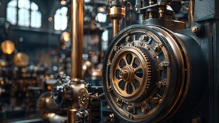 Close-up of intricate antique industrial machinery, showcasing gears, brass, and metal components.