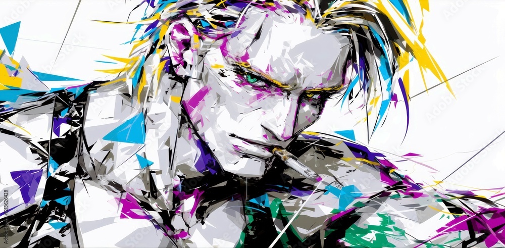 Poster abstract portrait of a male character with colorful geometric shapes and expressive features in a mo