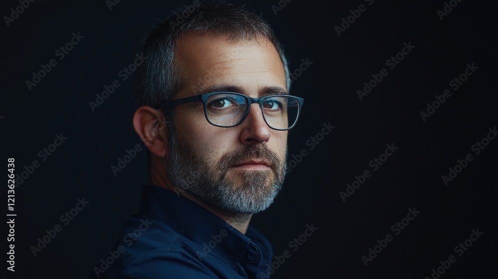 Poster a man with glasses and a beard is standing in front of a dark background. generative ai