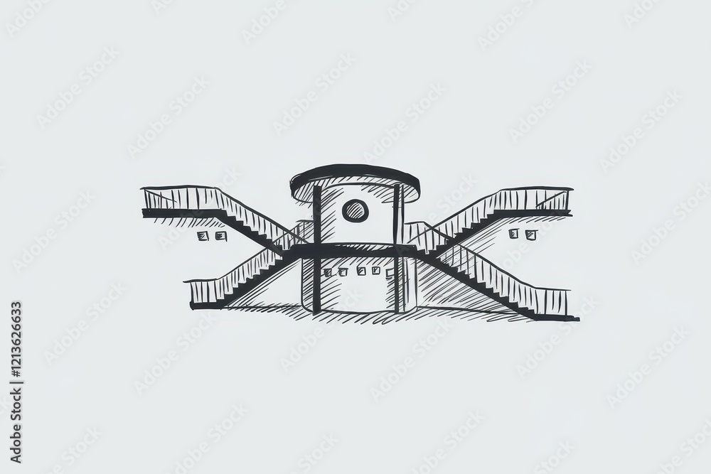 Poster sketch of a building with intersecting staircases