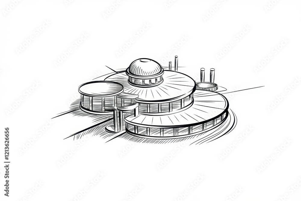 Poster architectural sketch of a unique circular building design